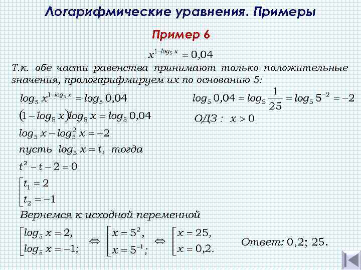 Логарифмические уравнения. Примеры Пример 6 Т. к. обе части равенства принимают только положительные значения,