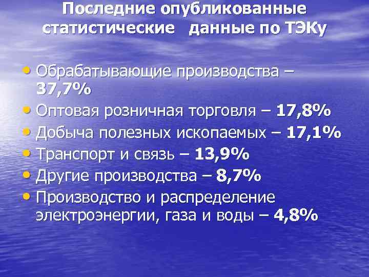   Последние опубликованные  статистические данные по ТЭКу  • Обрабатывающие производства –