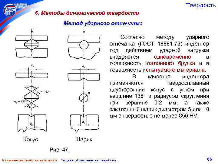 Твердость 6. Методы динамической твердости Метод ударного отпечатка Согласно методу ударного отпечатка (ГОСТ 18661