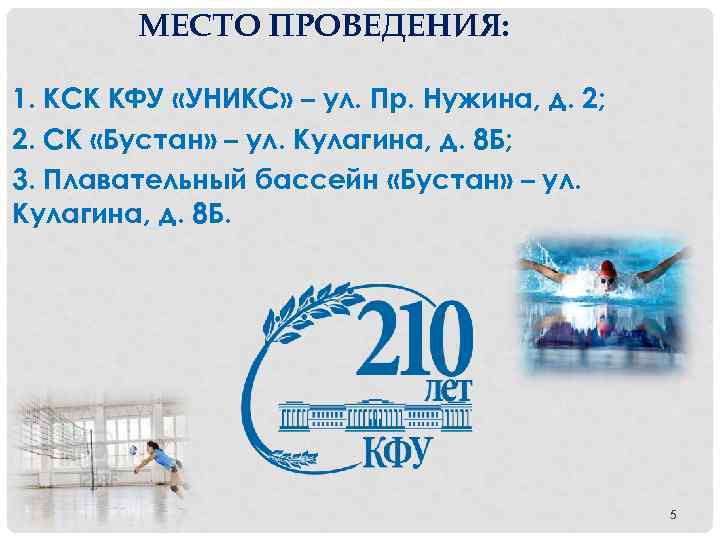 МЕСТО ПРОВЕДЕНИЯ: 1. КСК КФУ «УНИКС» – ул. Пр. Нужина, д. 2; 2. СК