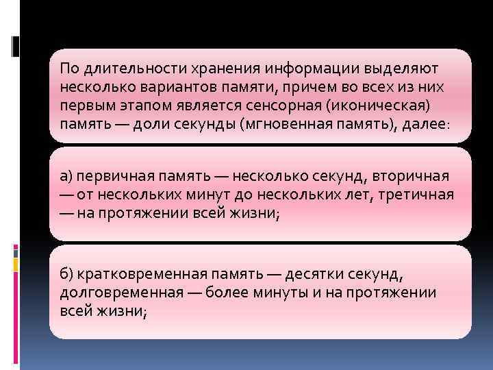 По длительности хранения информации выделяют несколько вариантов памяти, причем во всех из них первым