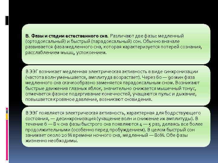 В. Фазы и стадии естественного сна. Различают две фазы: медленный (ортодоксальный) и быстрый (парадоксальный)