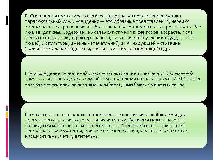 Е. Сновидения имеют место в обеих фазах сна, чаще они сопровождают парадоксальный сон. Сновидения