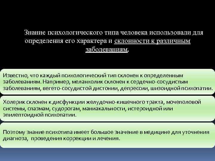 Знание психологического типа человека использовали для определения его характера и склонности к различным заболеваниям.