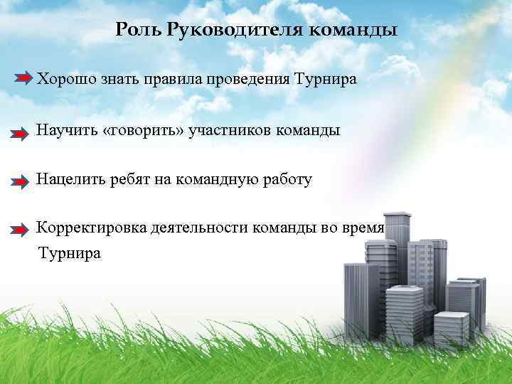 Роль Руководителя команды Хорошо знать правила проведения Турнира Научить «говорить» участников команды Нацелить ребят
