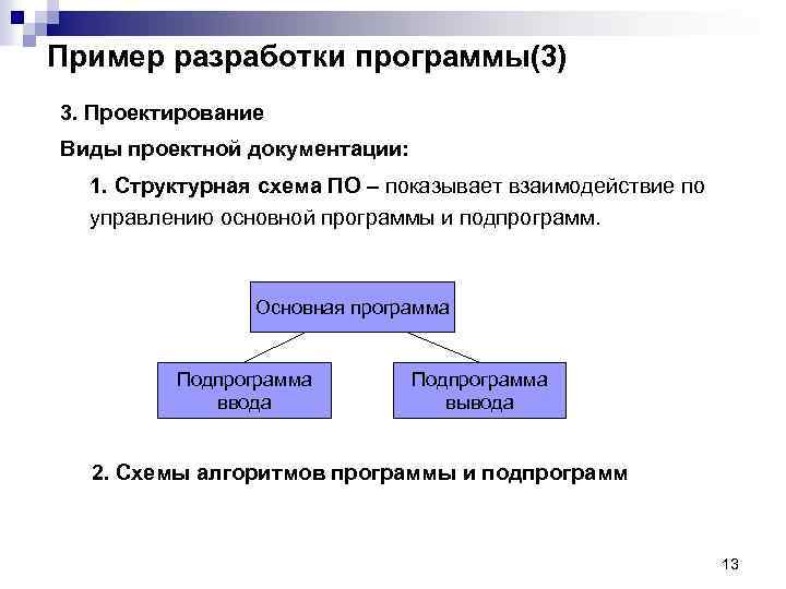 Пример разработки программы(3) 3. Проектирование Виды проектной документации: 1. Структурная схема ПО – показывает