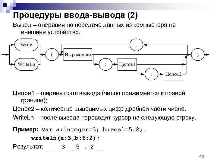 Процедуры ввода-вывода (2) Вывод – операция по передаче данных из компьютера на внешнее устройство.