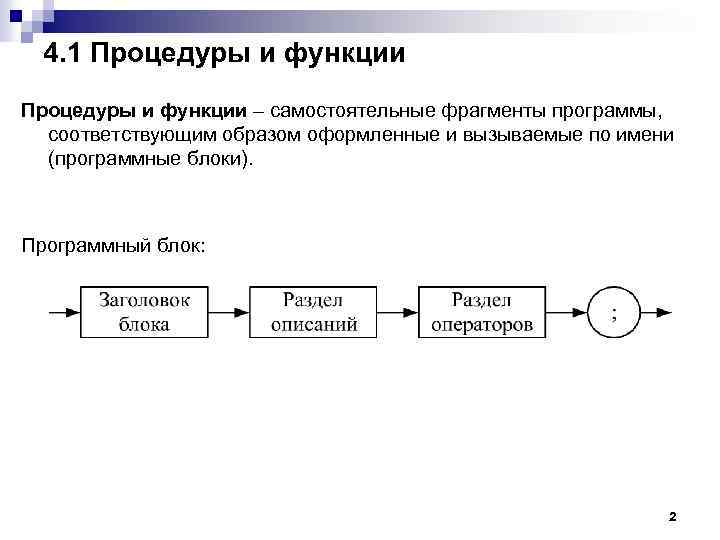 4. 1 Процедуры и функции – самостоятельные фрагменты программы, соответствующим образом оформленные и вызываемые