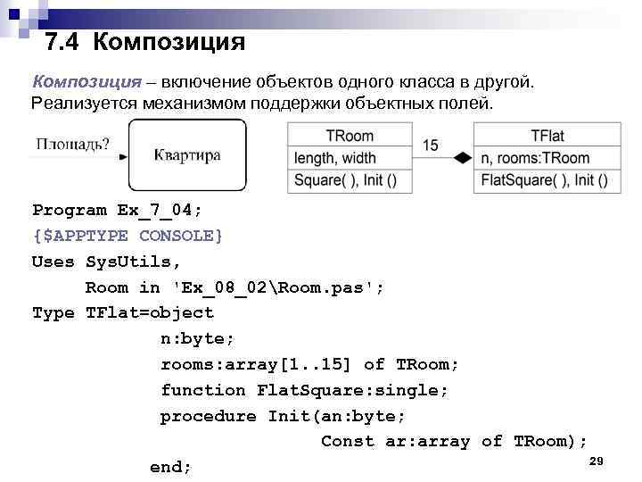 7. 4 Композиция – включение объектов одного класса в другой. Реализуется механизмом поддержки объектных