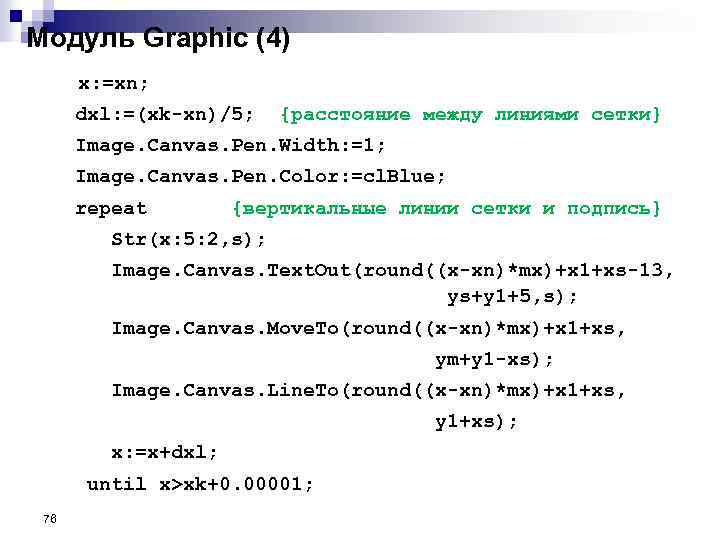 Модуль Graphic (4) x: =xn; dxl: =(xk-xn)/5; {расстояние между линиями сетки} Image. Canvas. Pen.