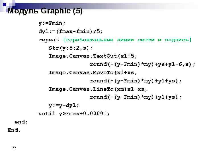 Модуль Graphic (5) y: =Fmin; dyl: =(fmax-fmin)/5; repeat {горизонтальные линии сетки и подпись} Str(y: