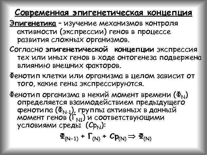 Современная эпигенетическая концепция Эпигенетика – изучение механизмов контроля активности (экспрессии) генов в процессе развития
