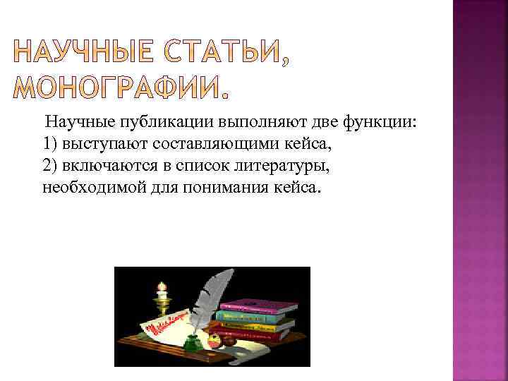 Научные публикации выполняют две функции: 1) выступают составляющими кейса, 2) включаются в список литературы,