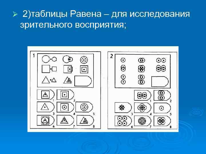 Ø 2)таблицы Равена – для исследования зрительного восприятия; 