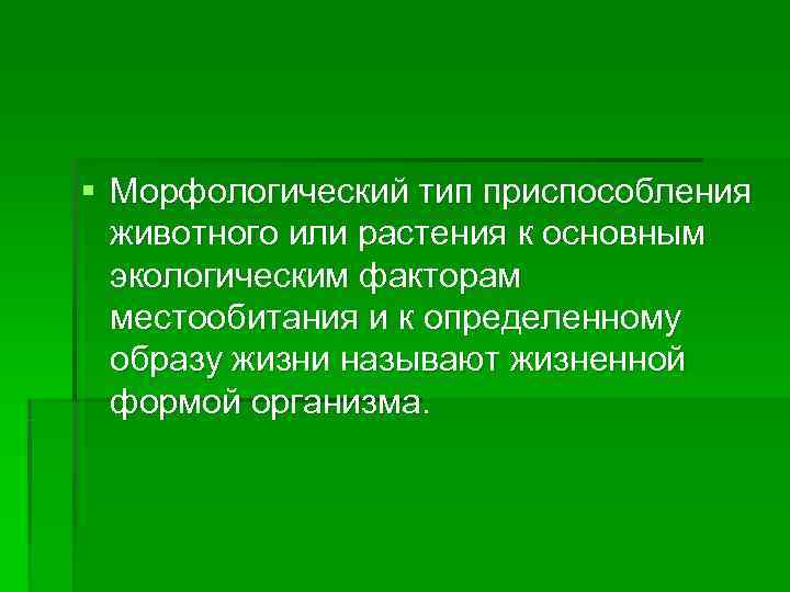 § Морфологический тип приспособления  животного или растения к основным  экологическим факторам 