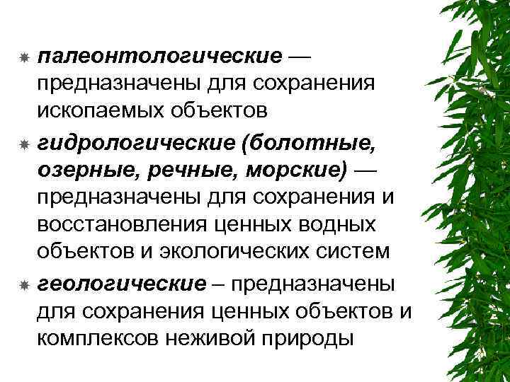  палеонтологические —  предназначены для сохранения  ископаемых объектов  гидрологические (болотные, 