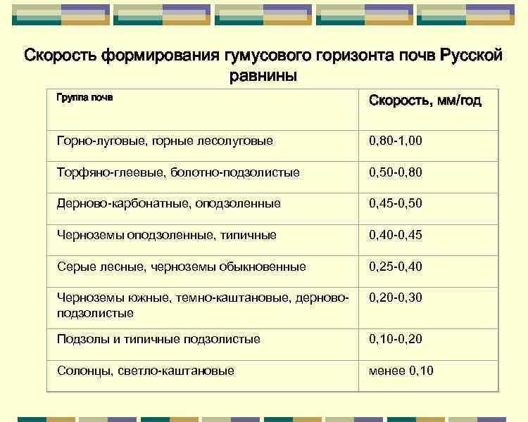 Скорость формирования гумусового горизонта почв Русской    равнины  Группа почв 