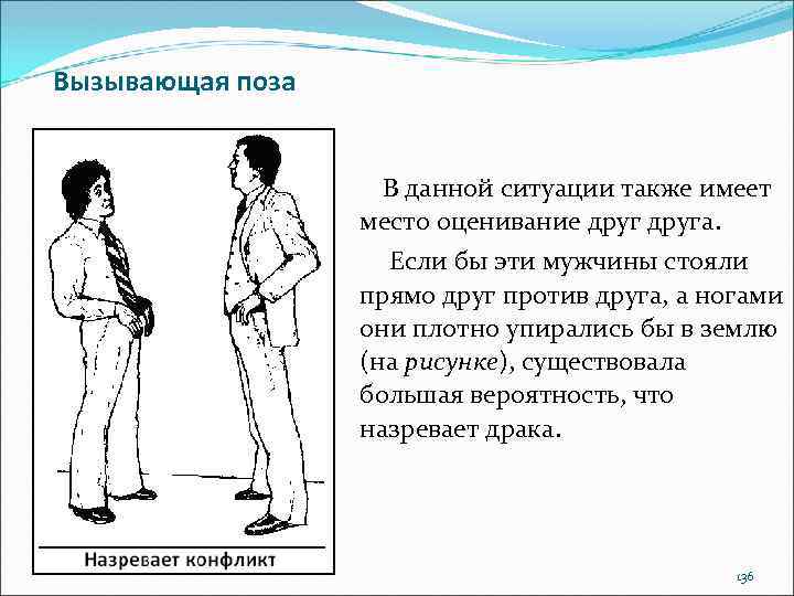 Вызывающая поза В данной ситуации также имеет место оценивание друга. Если бы эти мужчины