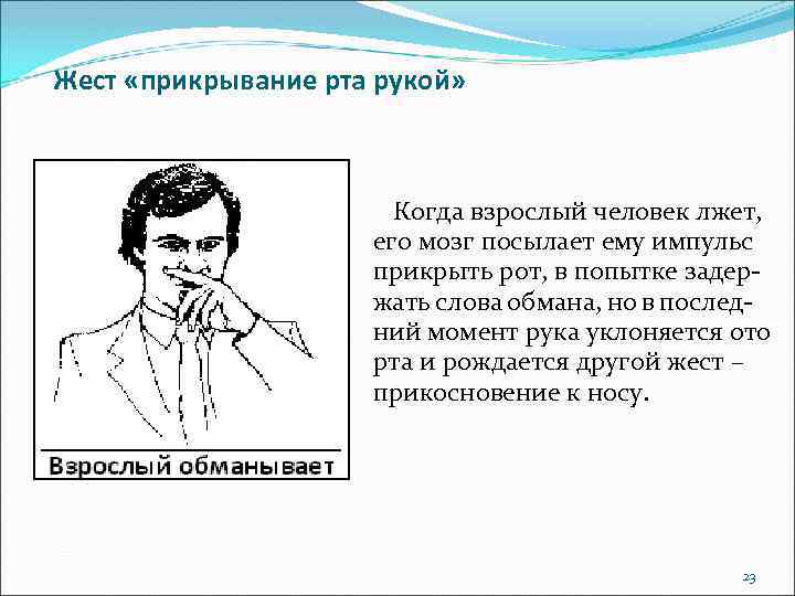 Жест «прикрывание рта рукой» Когда взрослый человек лжет, его мозг посылает ему импульс прикрыть