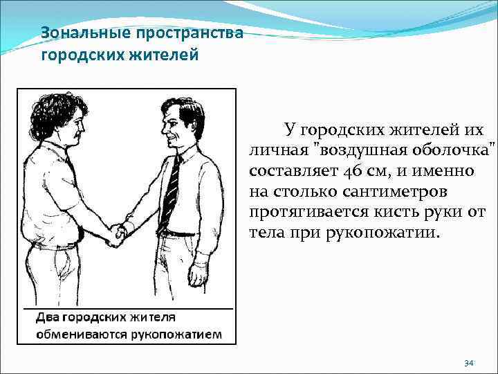 Зональные пространства городских жителей У городских жителей их личная "воздушная оболочка" составляет 46 см,