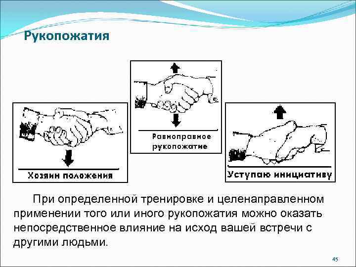 Рукопожатия При определенной тренировке и целенаправленном применении того или иного рукопожатия можно оказать непосредственное