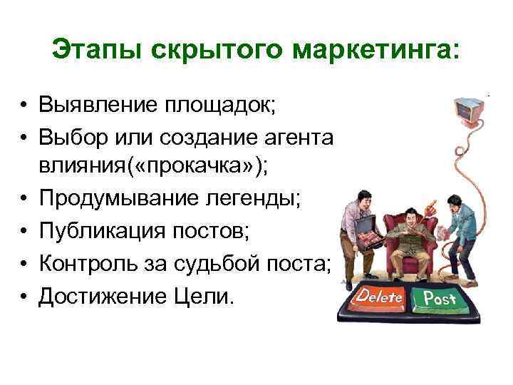 Этапы скрытого маркетинга: • Выявление площадок; • Выбор или создание агента влияния( «прокачка» );