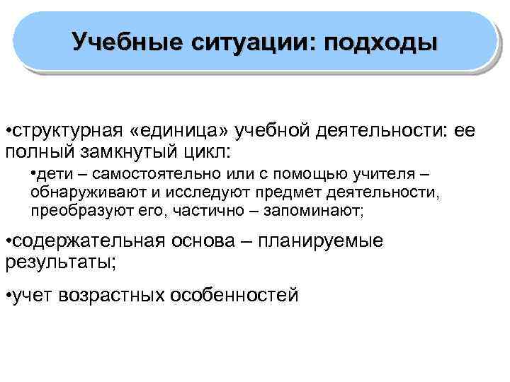 Учебные ситуации: подходы • структурная «единица» учебной деятельности: ее полный замкнутый цикл: • дети