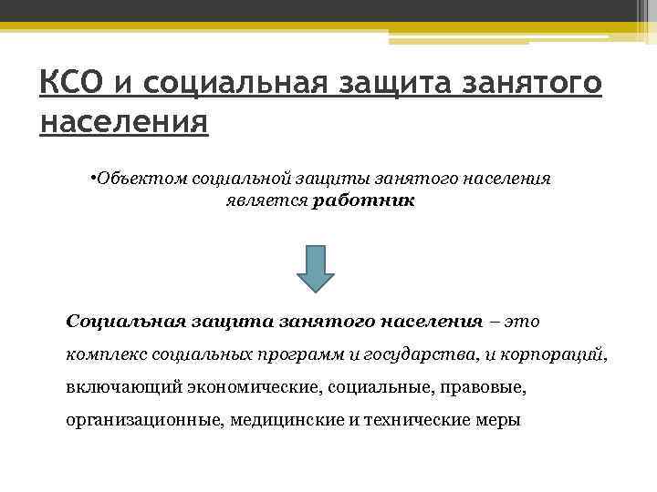КСО и социальная защита занятого населения • Объектом социальной защиты занятого населения является работник