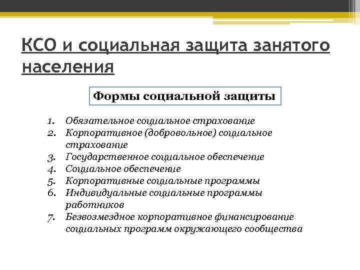 КСО и социальная защита занятого населения Формы социальной защиты 1. Обязательное социальное страхование 2.