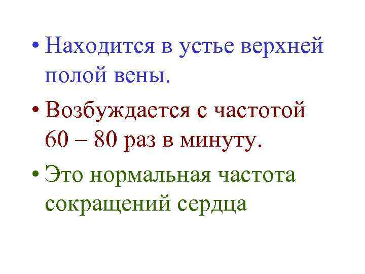  • Находится в устье верхней полой вены. • Возбуждается с частотой 60 –