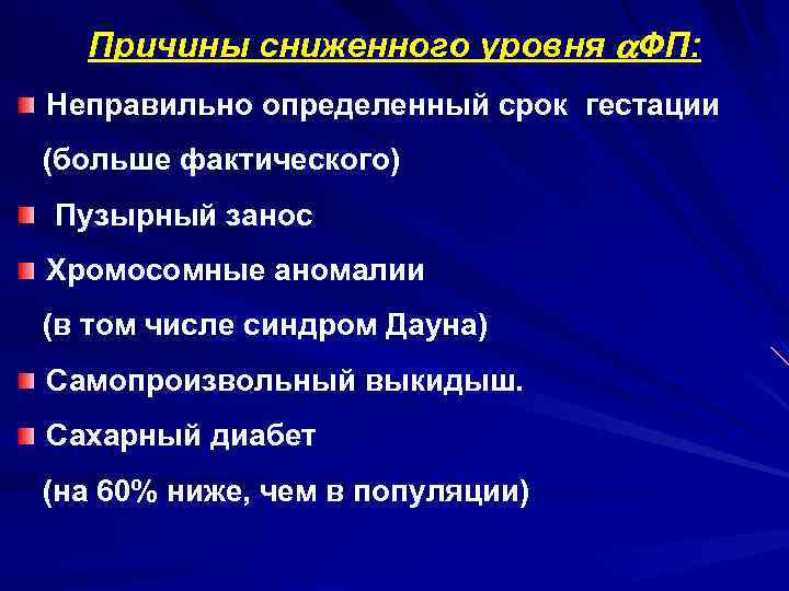 Причины сниженного уровня ФП: Неправильно определенный срок гестации (больше фактического) Пузырный занос Хромосомные аномалии