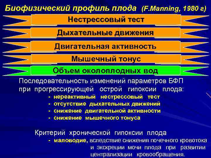 Биофизический профиль плода (F. Manning, 1980 г) Нестрессовый тест Дыхательные движения Двигательная активность Мышечный