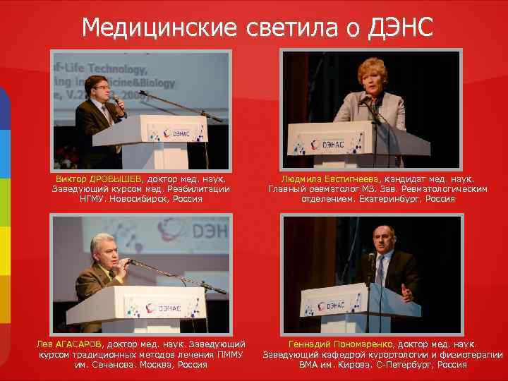 Медицинские светила о ДЭНС Виктор ДРОБЫШЕВ, доктор мед. наук. Заведующий курсом мед. Реабилитации НГМУ.
