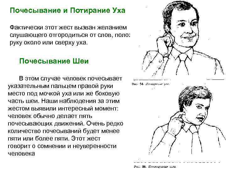 Почесывание и Потирание Уха Фактически этот жест вызван желанием слушающего отгородиться от слов, положив