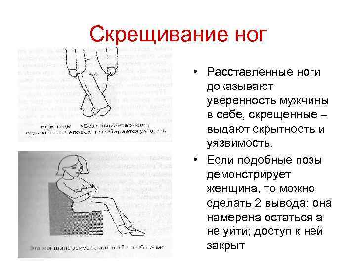 Скрещивание ног • Расставленные ноги доказывают уверенность мужчины в себе, скрещенные – выдают скрытность
