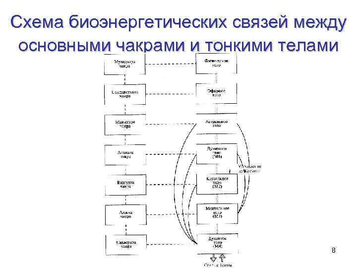Схема биоэнергетических связей между основными чакрами и тонкими телами 8 