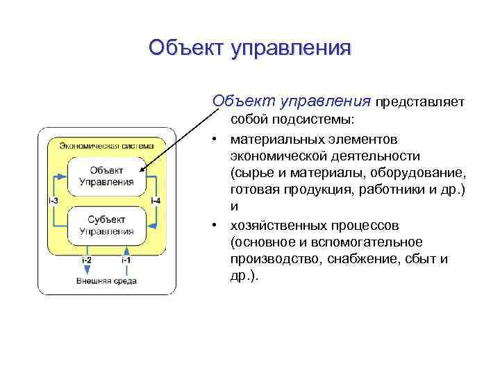 Объект управления представляет собой подсистемы: • материальных элементов экономической деятельности (сырье и материалы, оборудование,