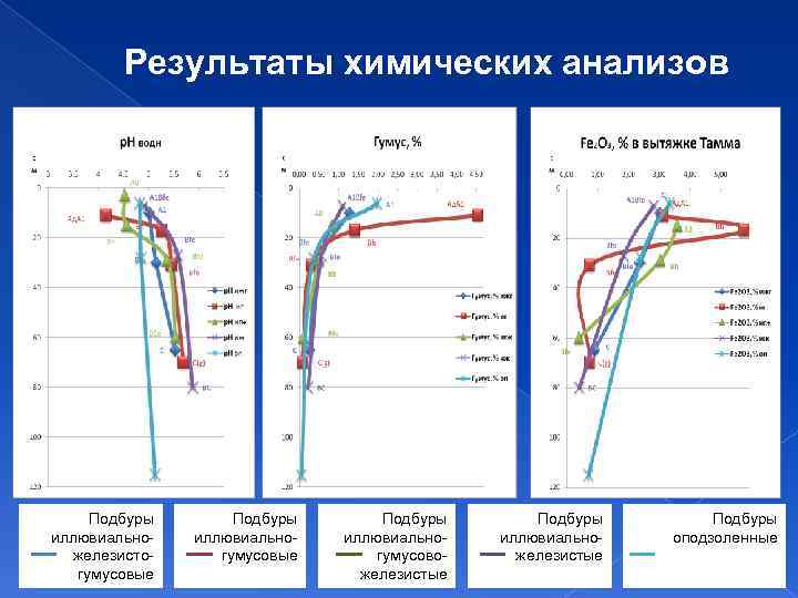 Результаты химических анализов Подбуры иллювиальножелезистогумусовые Подбуры иллювиальногумусовожелезистые Подбуры иллювиальножелезистые Подбуры оподзоленные 