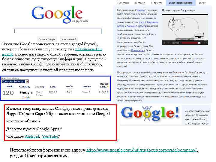 Название Google происходит от слова googol (гугол), которое обозначает число, состоящее из единицы и