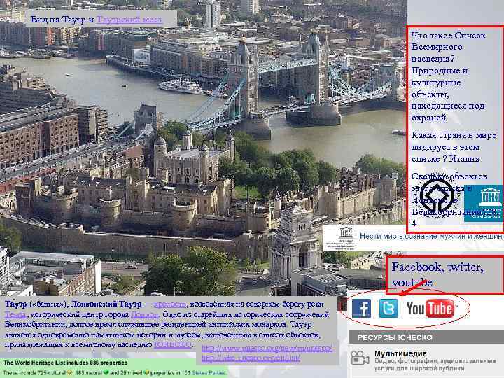 Вид на Тауэр и Тауэрский мост Что такое Список Всемирного наследия? Природные и культурные