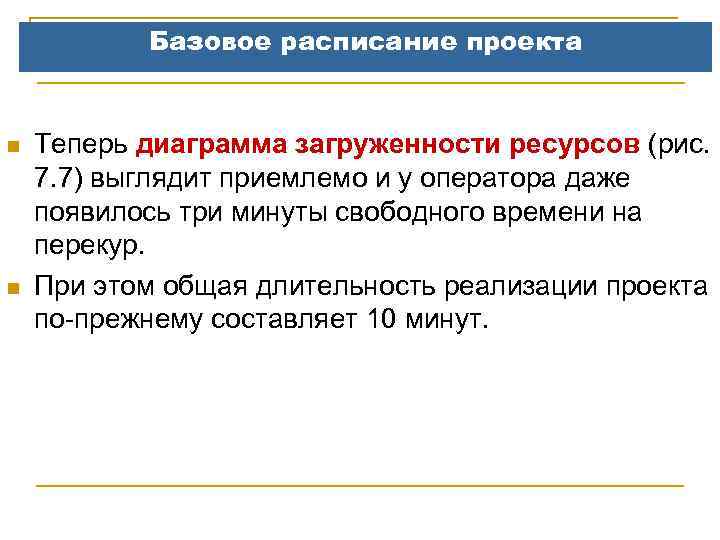 Базовое расписание проекта n n Теперь диаграмма загруженности ресурсов (рис. 7. 7) выглядит приемлемо