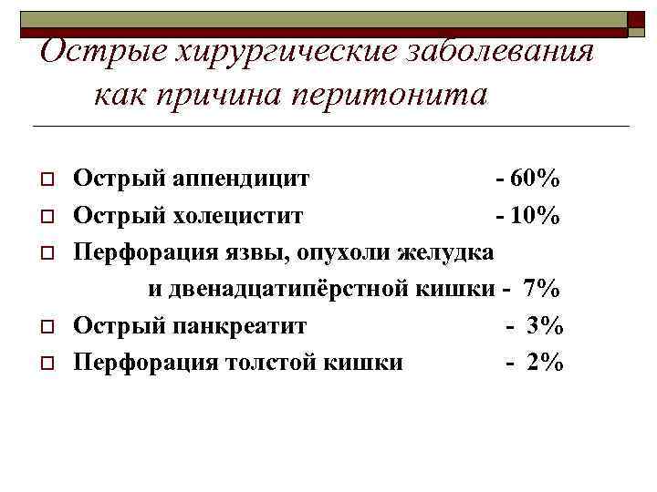 Острые хирургические заболевания как причина перитонита o o o Острый аппендицит - 60% Острый