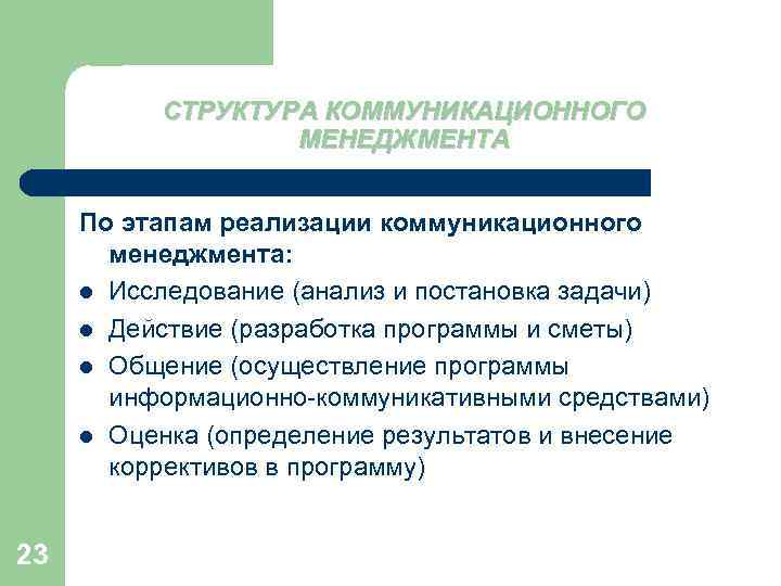 СТРУКТУРА КОММУНИКАЦИОННОГО МЕНЕДЖМЕНТА По этапам реализации коммуникационного менеджмента: l Исследование (анализ и постановка задачи)