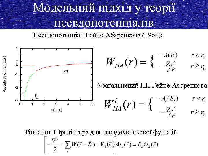 Модельний підхід у теорії псевдопотенціалів Псевдопотенціал Гейне-Абаренкова (1964): Узагальнений ПП Гейне-Абаренкова Рівняння Шредінгера для