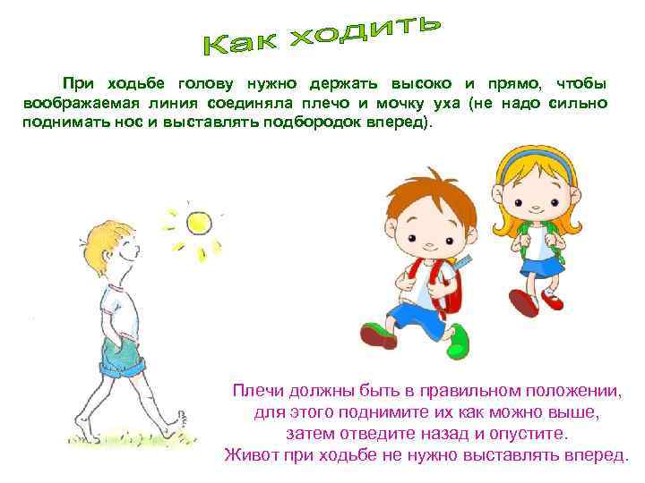  При ходьбе голову нужно держать высоко и прямо, чтобы воображаемая линия соединяла плечо
