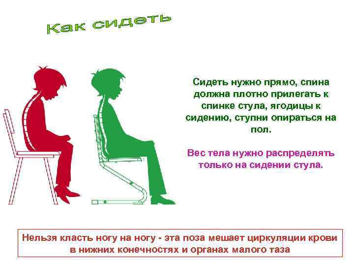 Сидеть нужно прямо, спина должна плотно прилегать к спинке стула, ягодицы к сидению, ступни