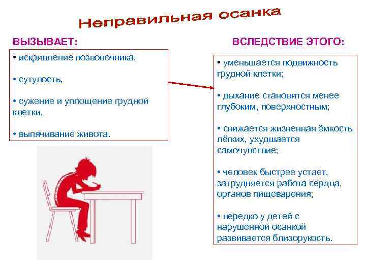 ВЫЗЫВАЕТ: • искривление позвоночника, • сутулость, • сужение и уплощение грудной клетки, • выпячивание