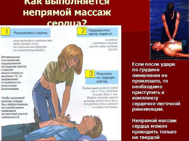 Как выполняется непрямой массаж сердца? Если после удара по грудине оживления не произошло, то
