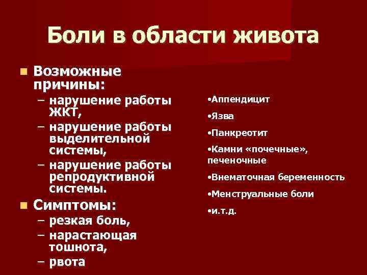 Боли в области живота Возможные причины: – нарушение работы ЖКТ, – нарушение работы выделительной