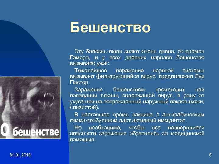 Бешенство Эту болезнь люди знают очень давно, со времен Гомера, и у всех древних